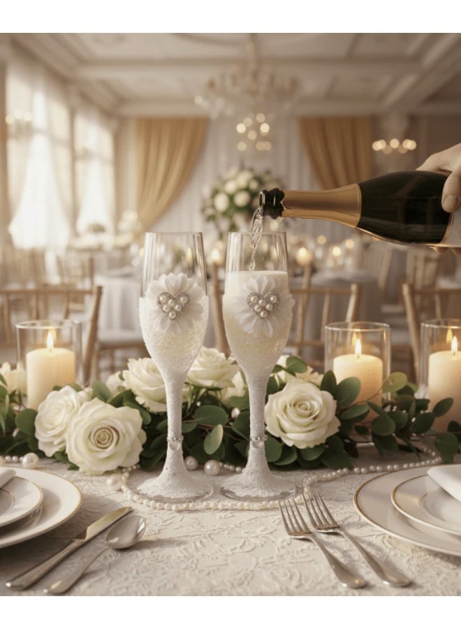 AKDC Wedding Bride & Groom Champagne Flute Glass Set of 2 – Elegant White Design - Image 2